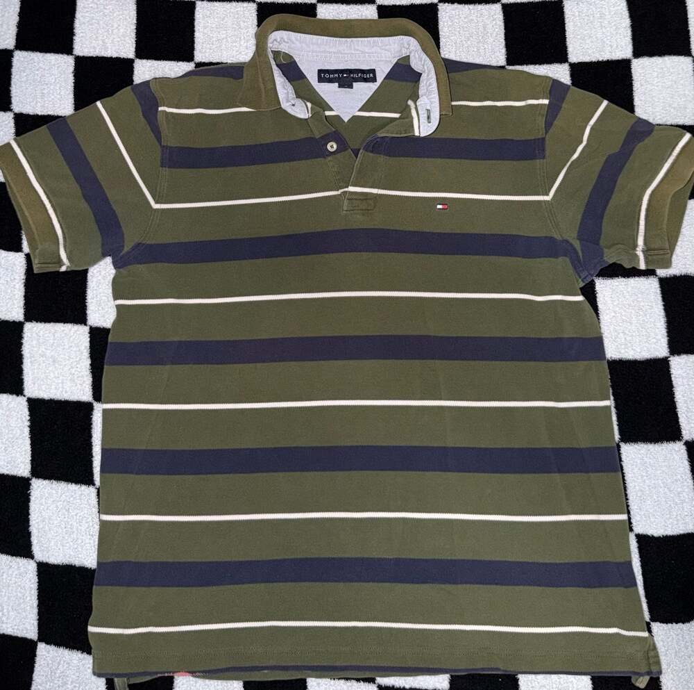 Tommy Hilfiger Olive Green Striped Polo Shirt Size M